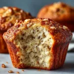 A close-up shot of a single healthy banana muffin made with Greek yogurt, showing its golden, slightly cracked top.