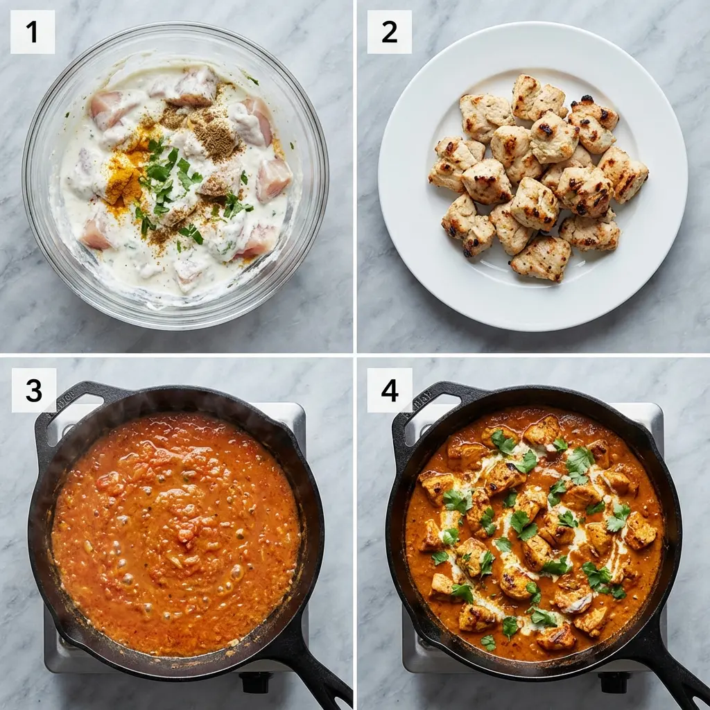 A four-panel image showing the steps for making healthy chicken tikka masala: marinating chicken, cooking chicken, making the sauce, and combining.