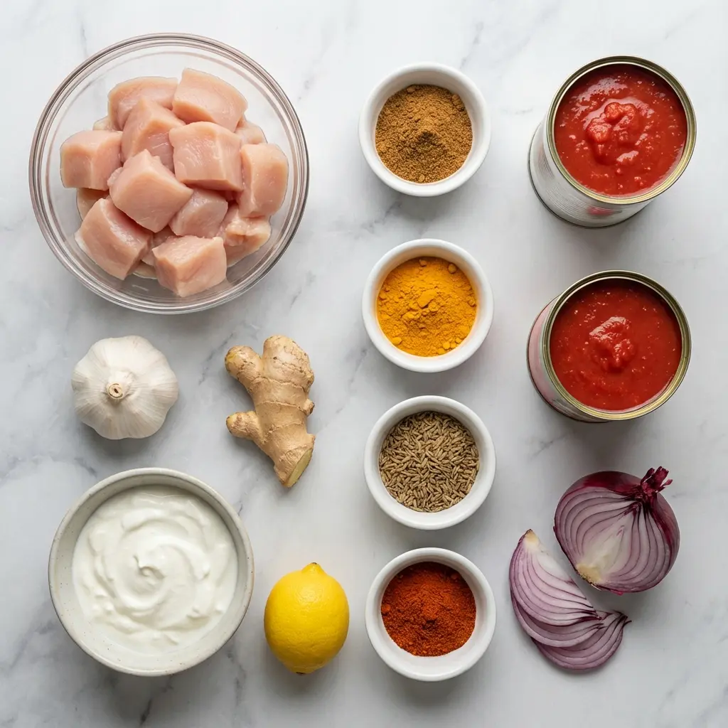 Overhead flat lay of the ingredients for healthy chicken tikka masala, including chicken, yogurt, spices, and tomatoes.