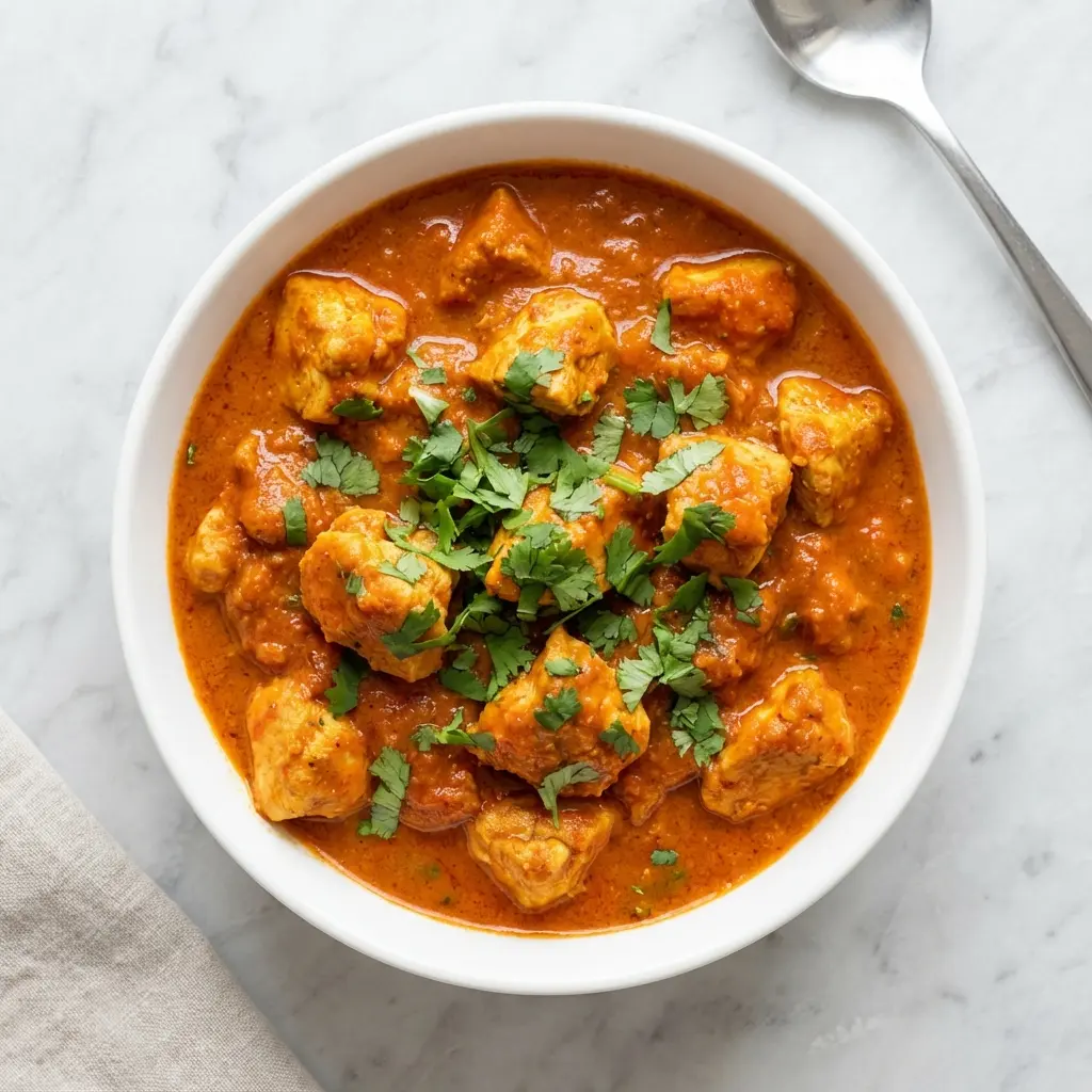 An overhead flat lay photo of a finished bowl of healthy chicken tikka masala, ready to eat.