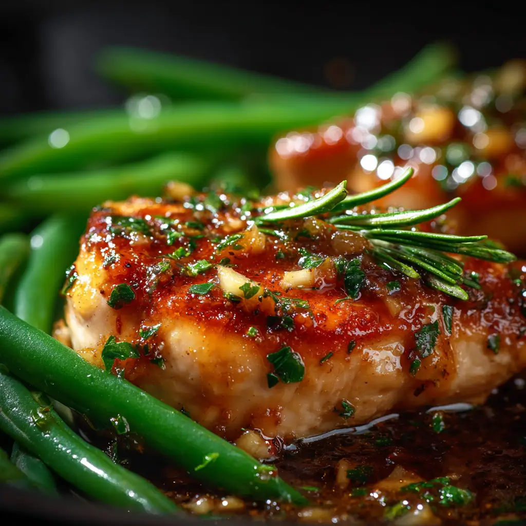 A serving of crockpot chicken and green beans on a plate with a side of white rice, ready to eat.