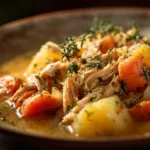 An extreme close-up of tender slow cooker chicken breast with perfectly cooked carrots and potatoes, highlighting the texture of this healthy crockpot meal.