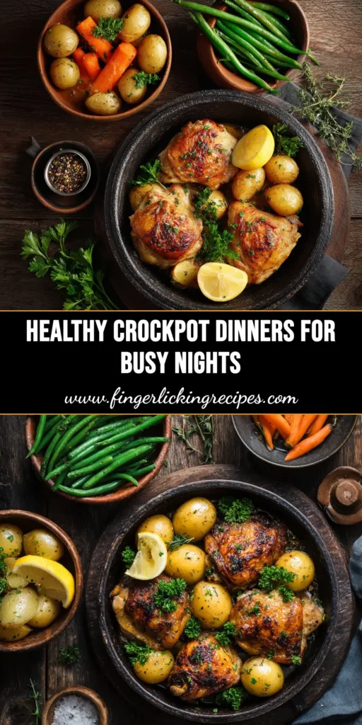 A vibrant pin image for healthy crockpot dinners, showing lemon herb chicken and vegetables in a slow cooker with text overlay.