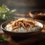 A close-up shot of the key ingredients for a healthy crockpot meal: chicken breasts, carrots, broccoli, and a lemon on a rustic wooden board.