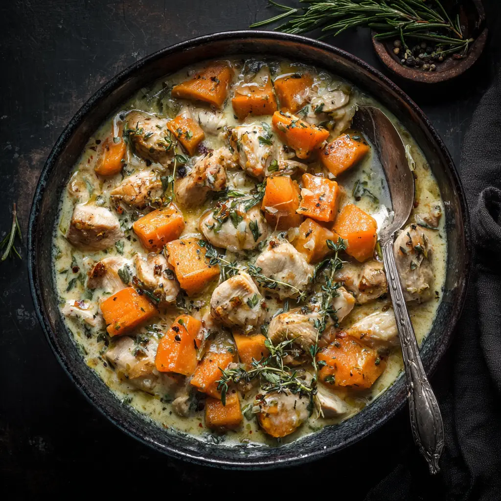 The raw ingredients for a healthy crockpot recipe, including chicken breasts, sweet potatoes, and spices, arranged neatly before cooking.