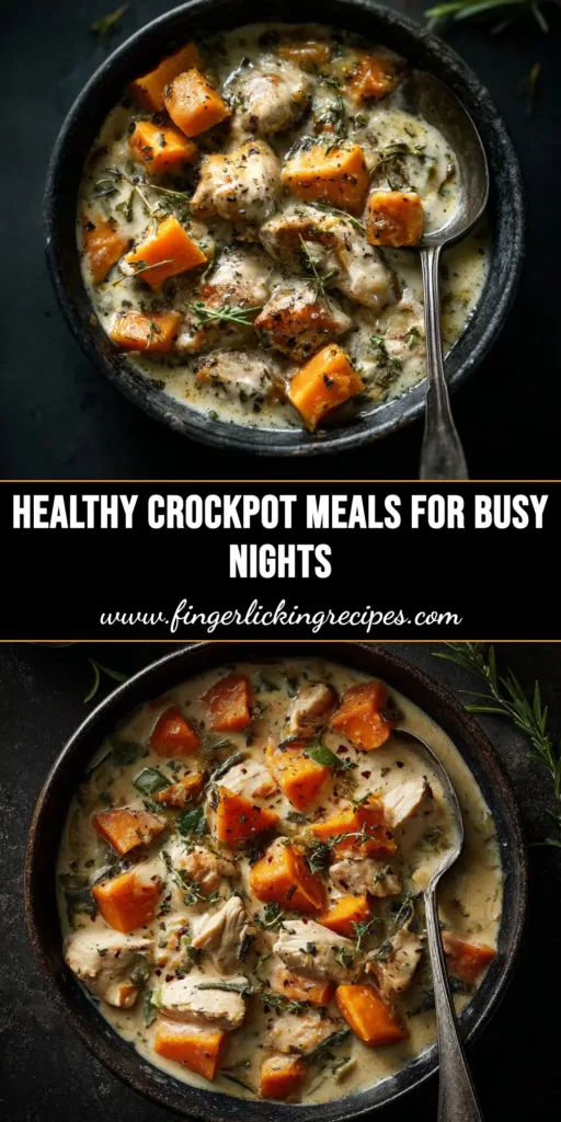 A vibrant overhead shot of healthy crockpot recipes, featuring a delicious slow cooker chicken and sweet potato meal ready to be served. The perfect pin for easy weeknight dinner inspiration.