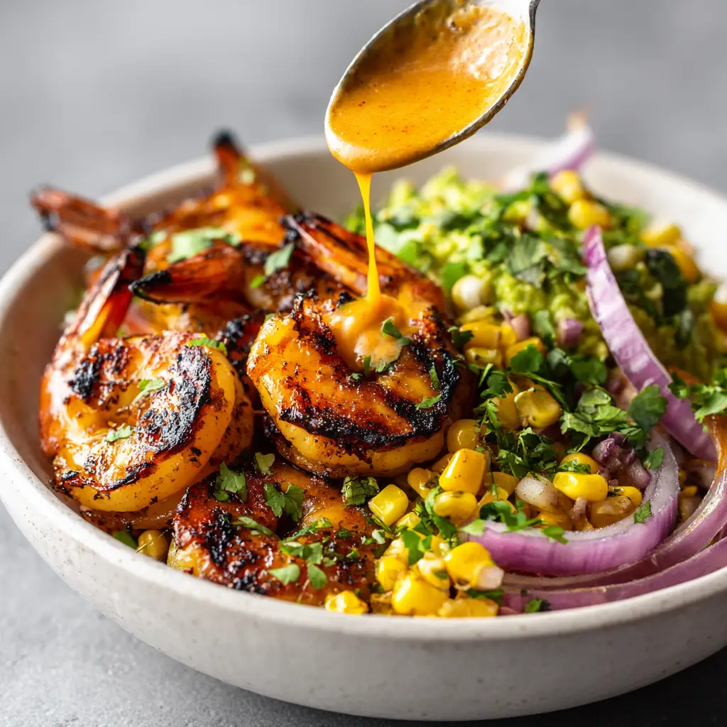 Grilled Shrimp Bowl (Easy & Healthy Recipe) 3 A close-up overhead view of a healthy grilled shrimp rice bowl, featuring perfectly cooked shrimp, black beans, corn, and sliced avocado.
