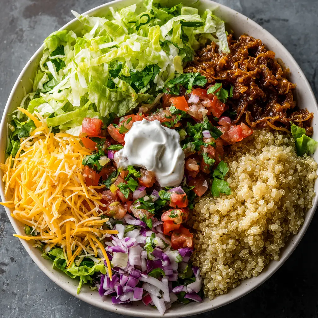 A colorful and healthy taco bowl ready for meal prep, featuring quinoa, sweet potatoes, and black beans.