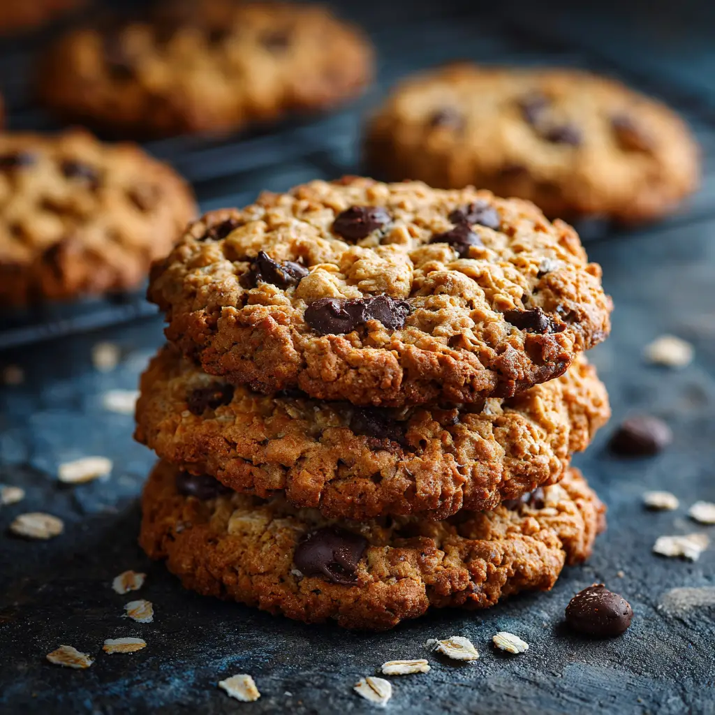 Healthy Cookies That Actually Taste Amazing 3 A stack of three thick and chewy healthy cookies, with wholesome oats and dark chocolate chips visible.