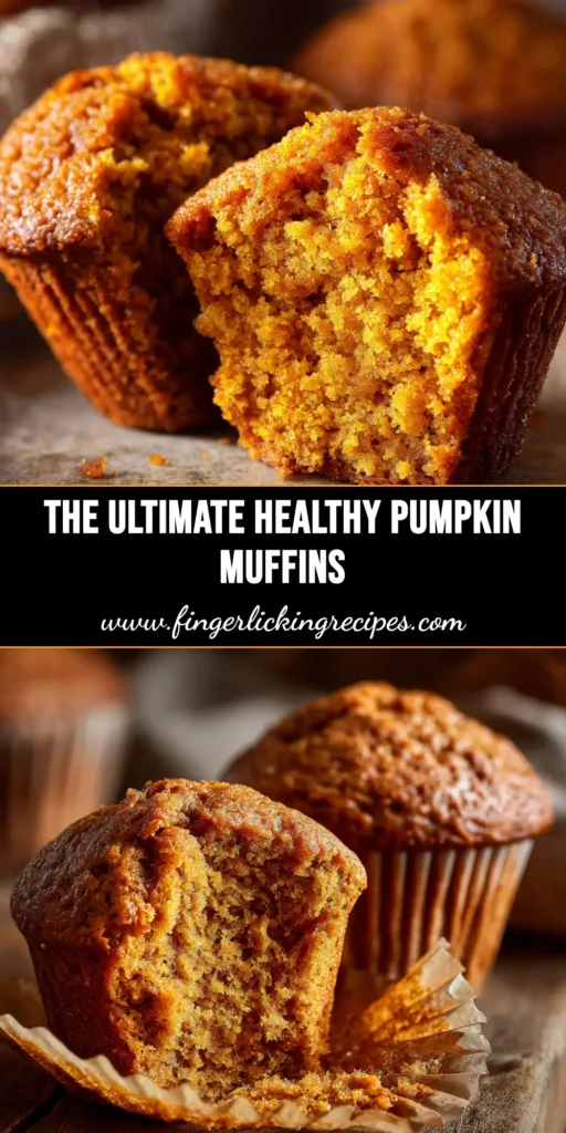 A stack of delicious healthy pumpkin muffins on a plate, with one muffin split open to show its moist and fluffy interior. Perfect for a healthy fall breakfast.