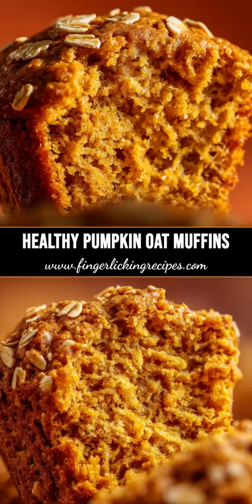 A platter of delicious Healthy Pumpkin Oat Muffins, with one muffin broken open to show the moist and fluffy texture inside. Perfect for a healthy fall breakfast or snack.