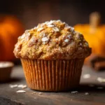 A close-up shot of a single healthy pumpkin muffin, highlighting its golden-brown top and perfect texture. The muffin is garnished with a sprinkle of cinnamon.