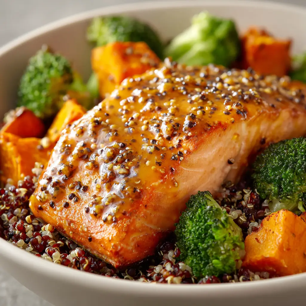 Assembled healthy salmon bowl with quinoa, broccoli, and a lemon wedge ready to be eaten.