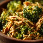 A close-up shot of slow cooker chicken and broccoli in a bowl, highlighting the rich and creamy texture of the sauce.