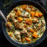 A rustic bowl filled with a healthy crockpot meal of shredded chicken, diced sweet potatoes, and black beans, showcasing an easy slow cooker recipe.