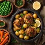 An overhead shot of the finished healthy crockpot lemon herb chicken and vegetables served on a rustic plate.