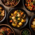 A top-down view of a delicious and healthy slow cooker Tuscan chicken served in a white bowl, ready to eat. This illustrates one of many low-fat slow cooker meals you can make.