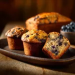 A close-up of a freshly baked blueberry muffin made with whole foods, sitting on a rustic wooden board.