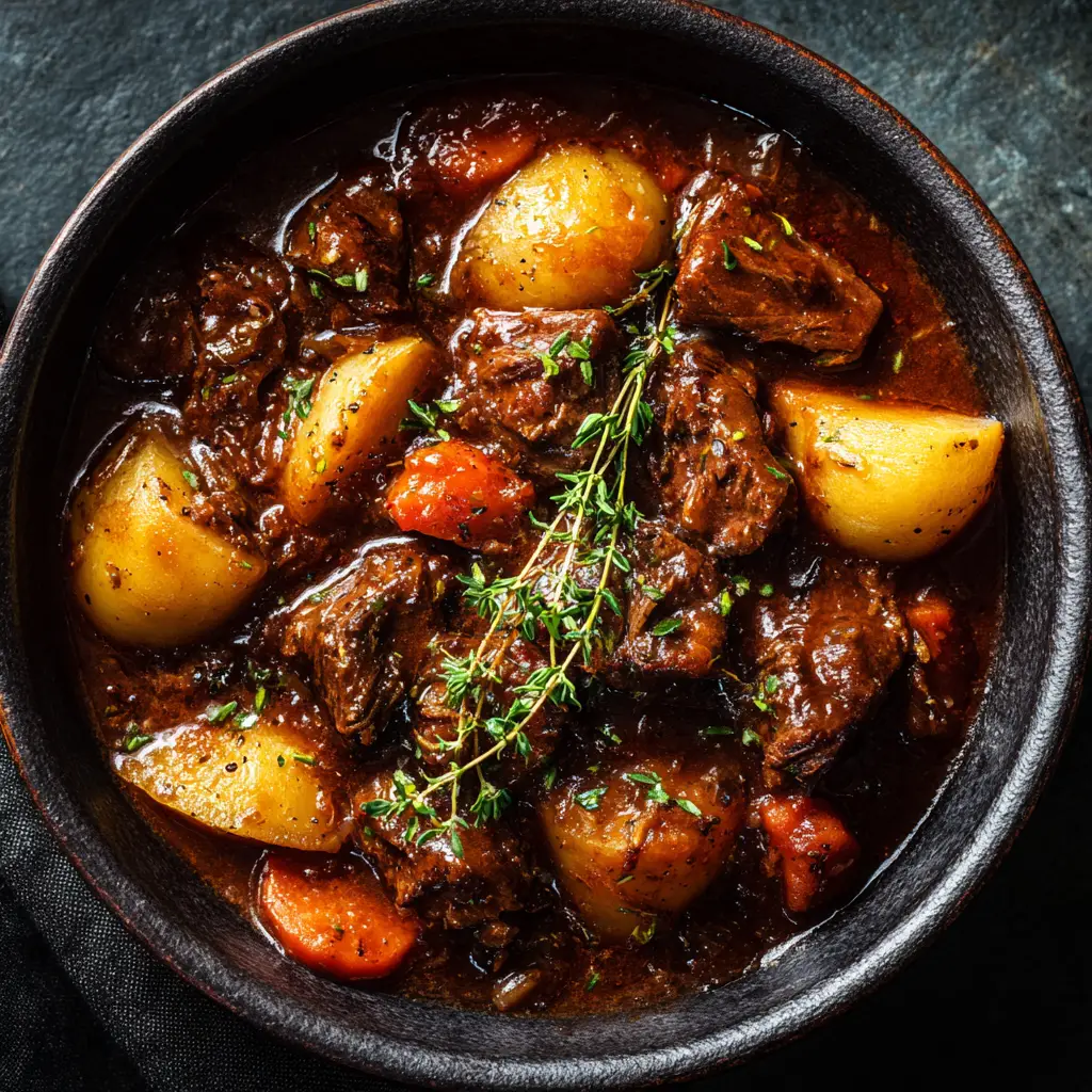 Beef Stew Recipe (The Ultimate Hearty & Comforting Classic) 2 Another overhead perspective of the beef stew, focusing on the perfectly cooked carrots and potatoes nestled in the thick, flavorful sauce. A perfect example of a hearty stew.