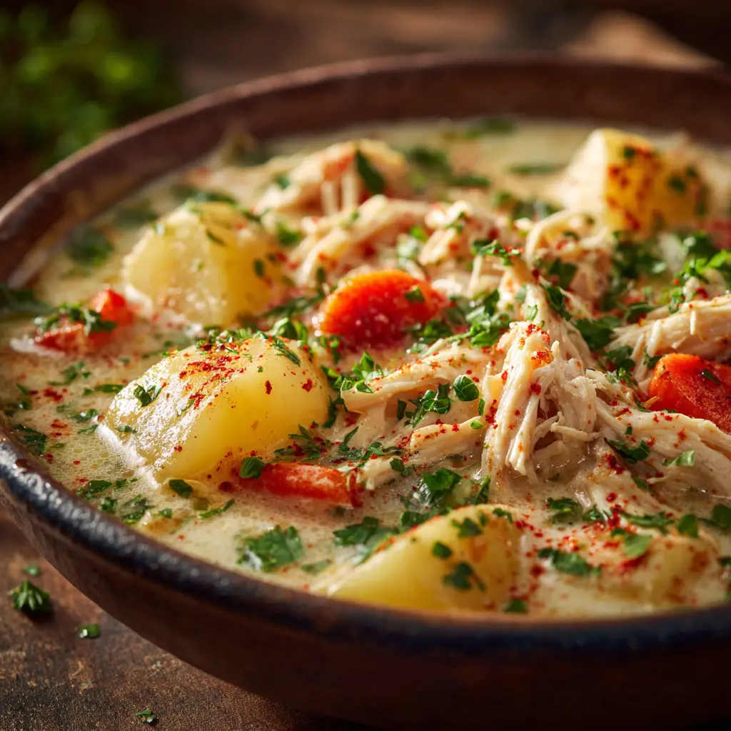 A spoonful of hearty chicken chowder being lifted from a bowl, showing the chunks of potato and shredded chicken.