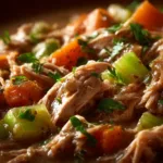 An extreme close-up of crockpot chicken stew, showing the thick, savory gravy and chunks of tender chicken, carrots, and potatoes.