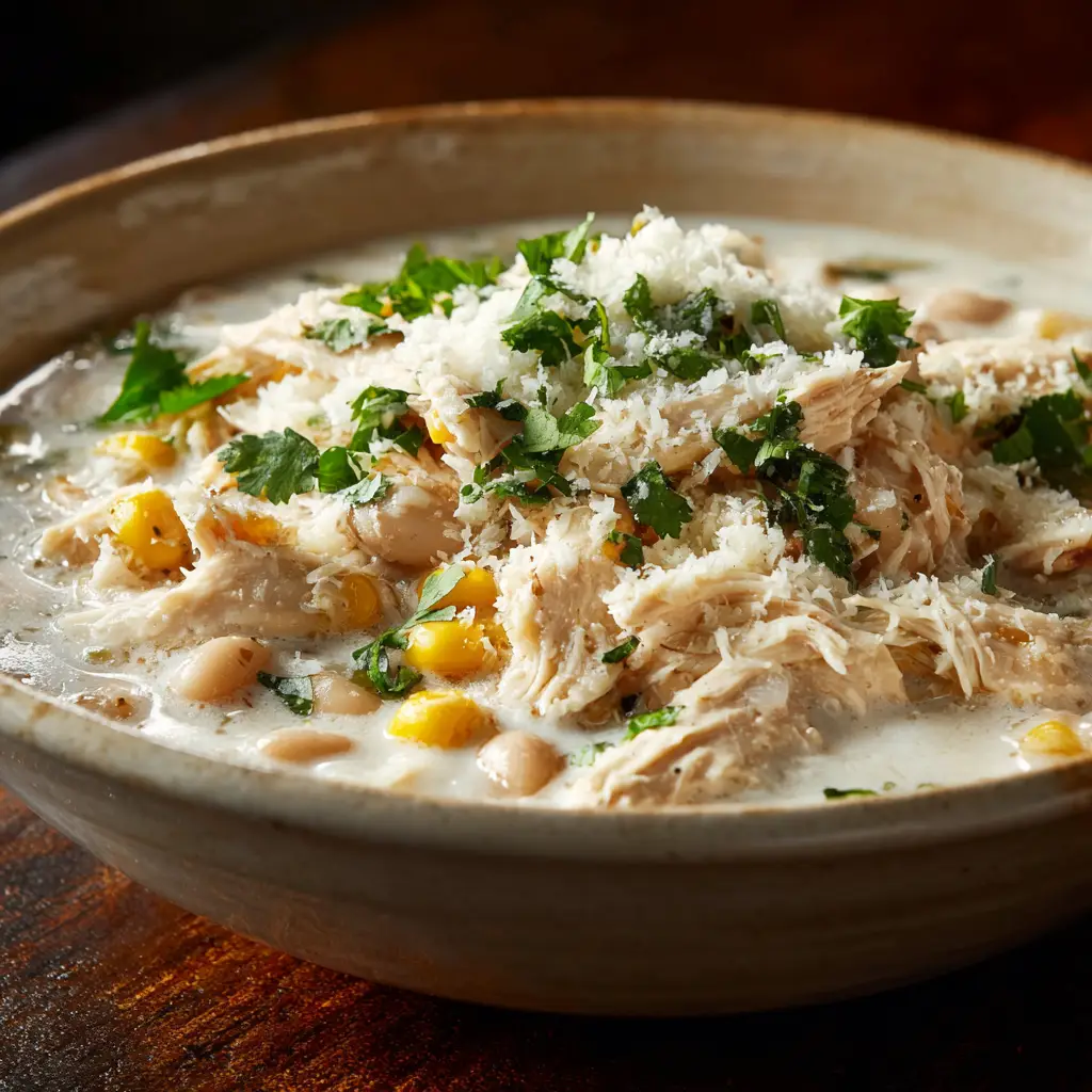 A spoonful of delicious Crockpot White Chicken Chili being lifted from a bowl, showcasing the hearty ingredients like chicken and white beans.