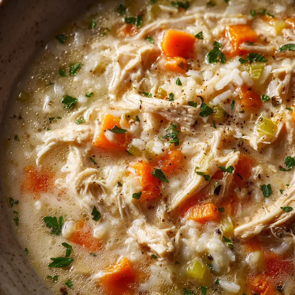 Another perspective of the creamy chicken and rice soup, focusing on the tender shredded chicken and perfectly cooked vegetables in the savory broth.