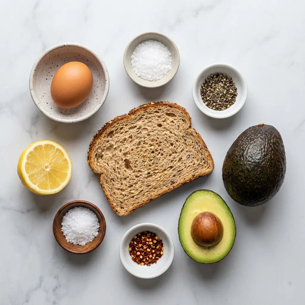An overhead view of the ingredients for high protein avocado egg toast: bread, avocado, egg, lemon, and seasonings.
