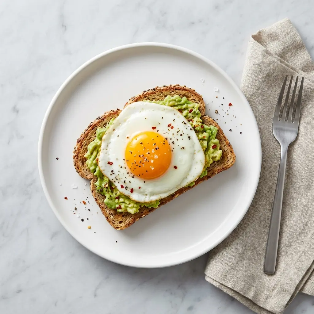 An overhead flat lay photo of a high protein avocado egg toast on a plate.