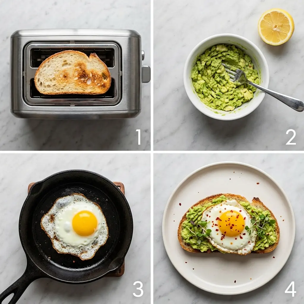A four-panel image showing the steps to make avocado egg toast: toasting bread, mashing avocado, frying an egg, and assembling the toast.