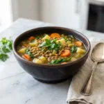 A close-up, dynamic shot of a bowl of high protein lentil vegetable soup, garnished with fresh parsley.