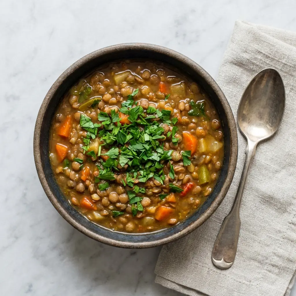 An overhead flat lay photo of a finished bowl of high protein lentil vegetable soup on a marble background.