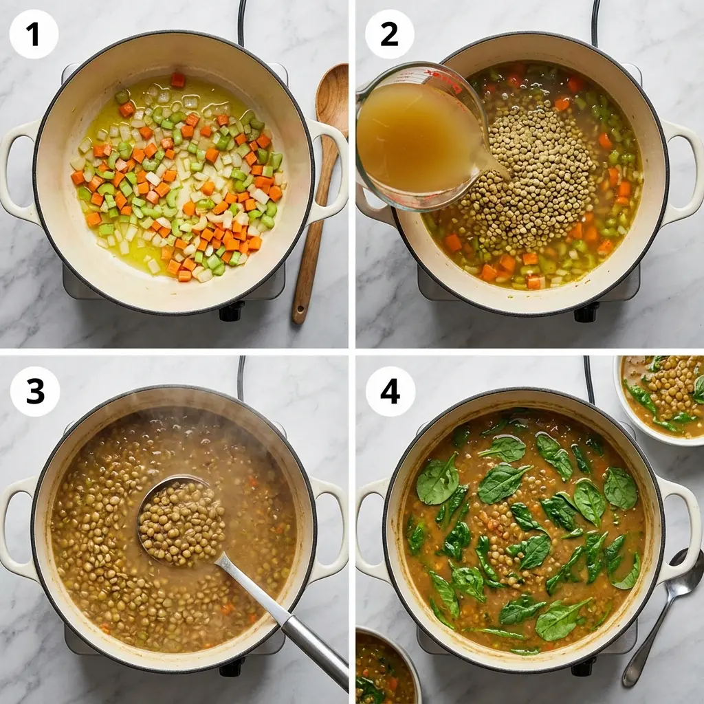 A four-panel image showing the steps to make high protein lentil vegetable soup: sautéing vegetables, adding lentils and broth, simmering, and wilting spinach.