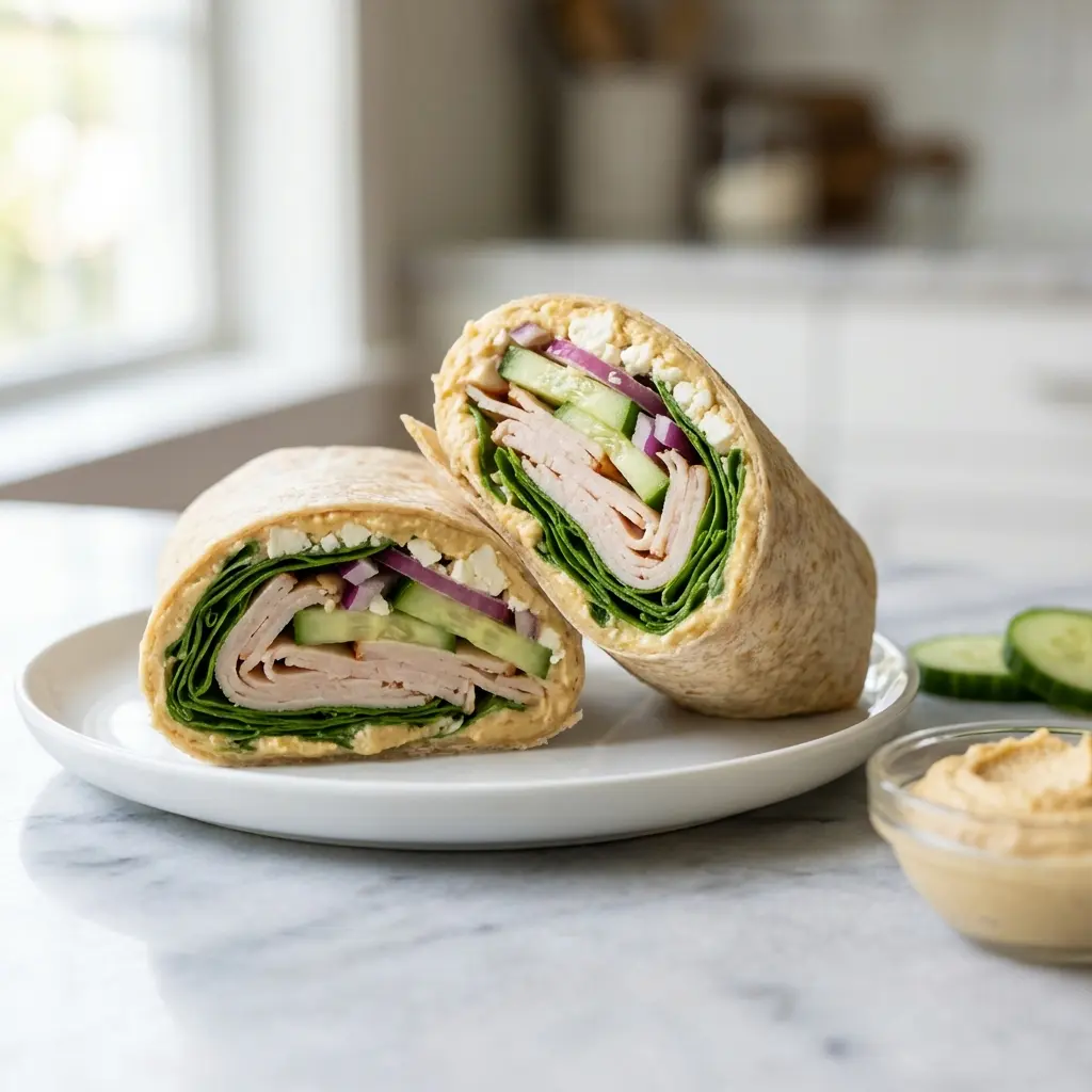 High Protein Turkey Hummus Wrap (The Ultimate 10-Minute Lunch) 5 A high protein turkey hummus wrap cut in half and stacked, showing the layers of ingredients inside.