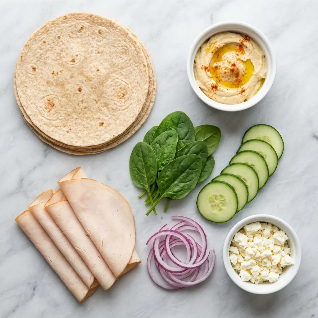 High Protein Turkey Hummus Wrap (The Ultimate 10-Minute Lunch) 2 Ingredients for the high protein turkey hummus wrap laid out on a marble surface.