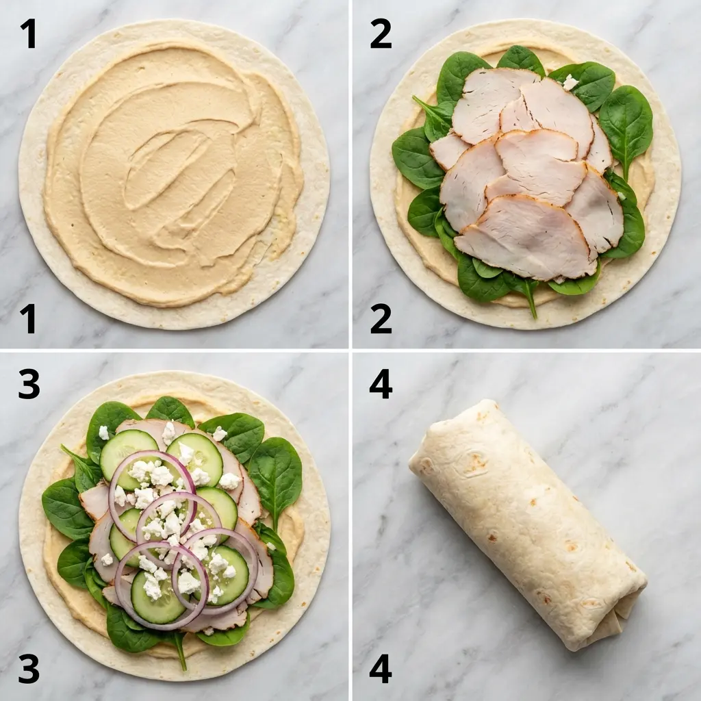 High Protein Turkey Hummus Wrap (The Ultimate 10-Minute Lunch) 3 A 4-panel image showing the steps to assemble a high protein turkey hummus wrap.