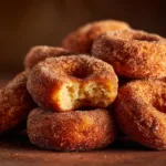 A close-up of a single baked apple cider donut showing the sparkling cinnamon sugar coating and the soft, tender crumb.
