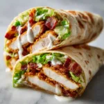 A close-up shot of a homemade chicken bacon ranch wrap filled with fresh ingredients on a wooden board.