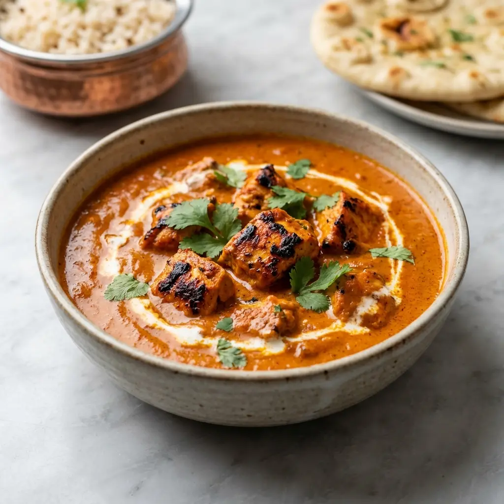 Homemade Chicken Tikka Masala Recipe: Restaurant-Quality at Home 5 A close-up shot of a bowl of homemade chicken tikka masala, garnished with fresh cilantro.