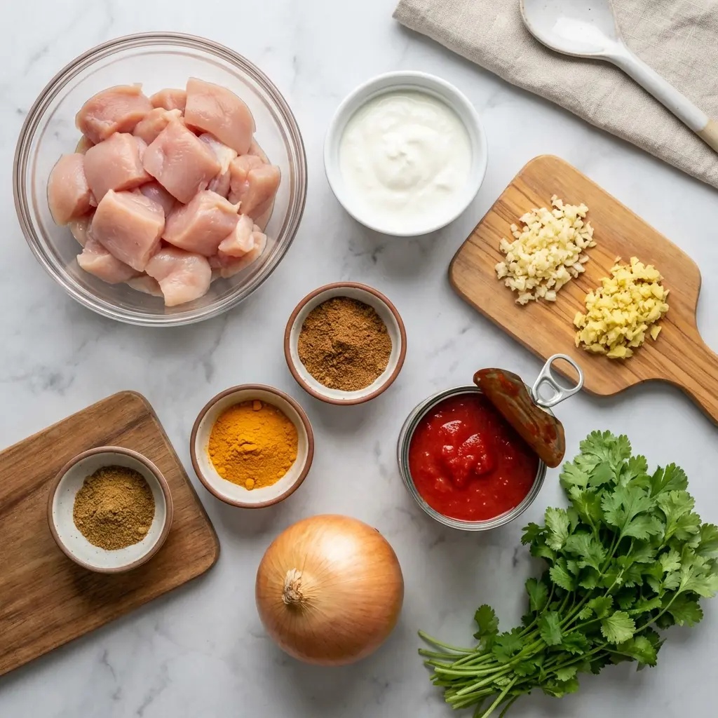Homemade Chicken Tikka Masala Recipe: Restaurant-Quality at Home 2 An overhead flat lay of the ingredients needed for homemade chicken tikka masala, including chicken, yogurt, tomatoes, and spices.