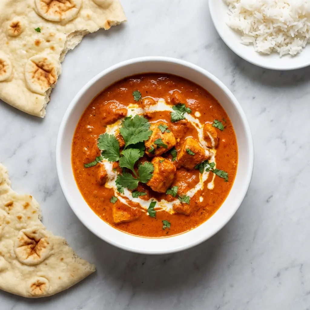Homemade Chicken Tikka Masala Recipe: Restaurant-Quality at Home 4 An overhead view of a finished bowl of homemade chicken tikka masala, served with a side of naan bread and rice.