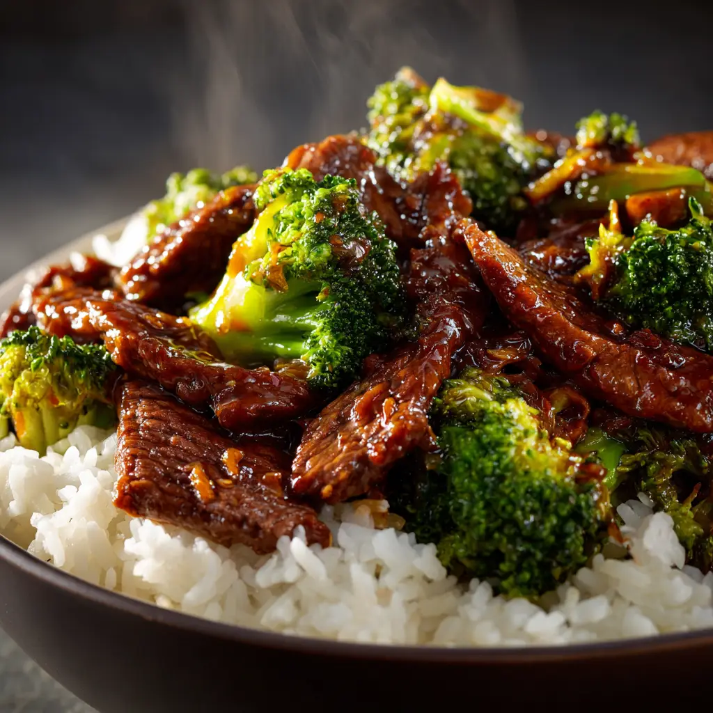 A spoonful of the homemade beef and broccoli being lifted from a bowl, showing the tender beef, crisp broccoli, and rice underneath. The perfect bite.