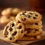 A stack of homemade chocolate chip cookies, showcasing their chewy texture and melted chocolate chips.