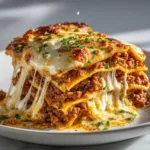 An extreme close-up of a thick slice of homemade lasagna on a plate, showing the rich meat sauce and creamy ricotta filling between layers of tender pasta.