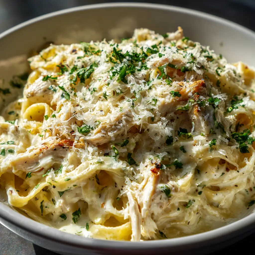 A spoonful of homemade chicken alfredo being lifted from a bowl, demonstrating the rich texture of the slow cooker sauce.