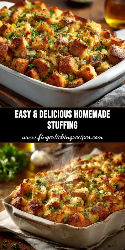 Homemade Stuffing Recipe (The Only One You'll Ever Need) 4 A close-up overhead shot of a golden-brown homemade stuffing recipe in a white baking dish, ready to be served for a holiday meal.