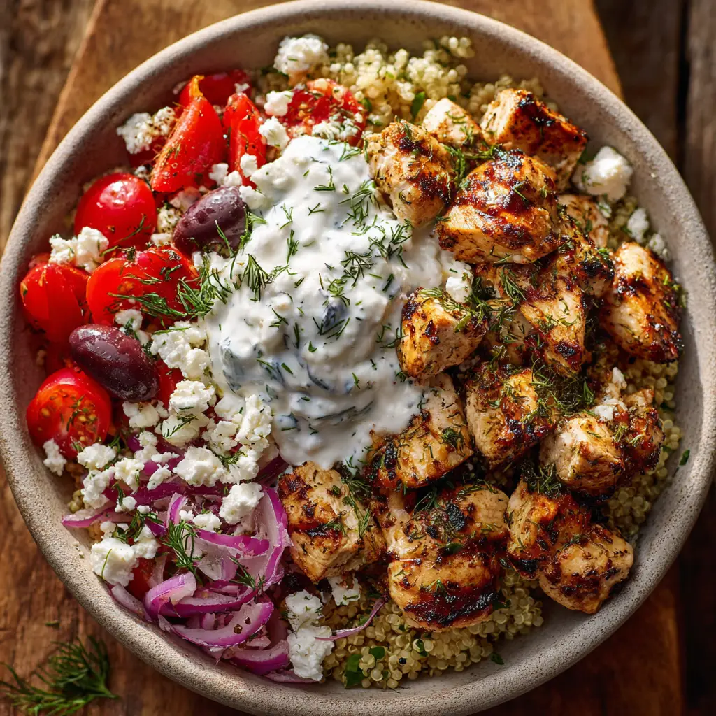 A close-up of the homemade tzatziki sauce being drizzled over a Greek chicken bowl, highlighting the creamy texture.