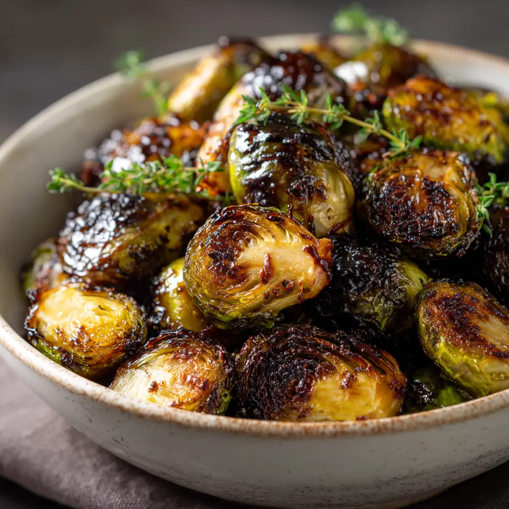 A bowl of finished crispy honey balsamic brussels sprouts, tossed and coated in the shiny, sweet and tangy glaze.