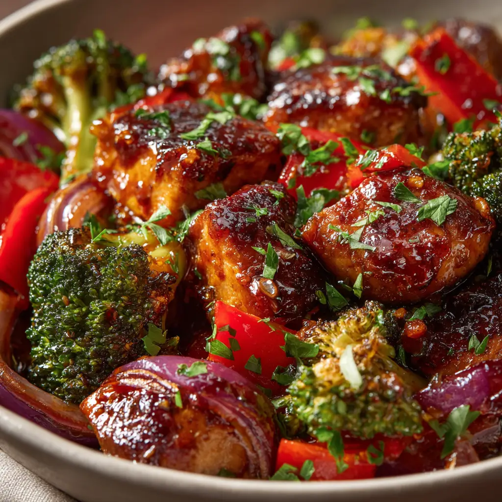 A serving of honey garlic chicken on a plate with a side of steamed broccoli and white rice, ready to be eaten.