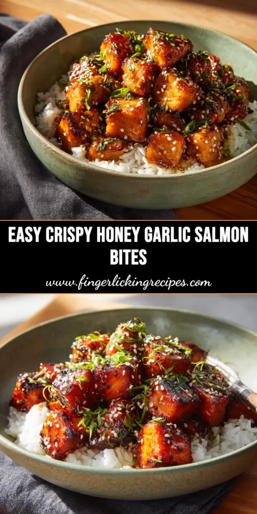 Honey Garlic Salmon Bites: A Perfect 20-Minute Recipe 4 A skewer of delicious honey garlic salmon bites garnished with sesame seeds and fresh parsley, presented in a white bowl. The perfect quick and healthy dinner recipe.